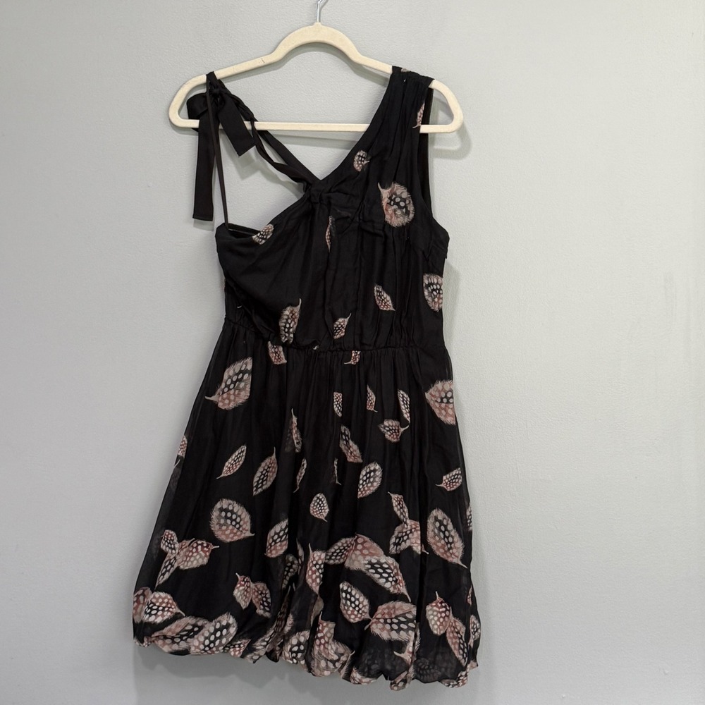 Leifsdottir Black Feather Print One Shoulder Bubble Hem Cotton Dress Small
